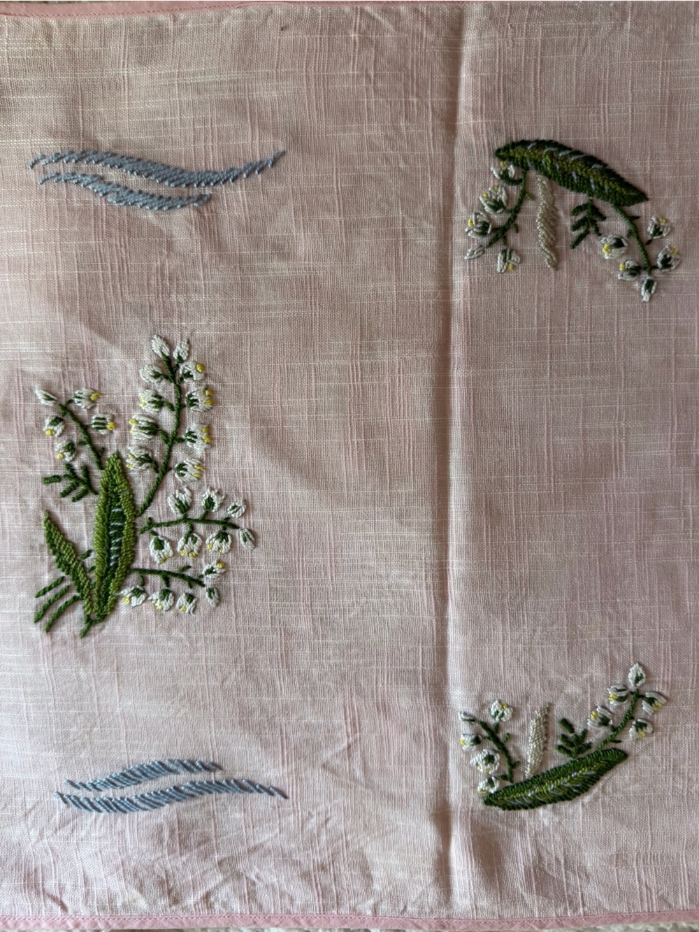 Vintage 1950s Baby Pink Cotton Linen Lily of the Valley Embroidered Table Runner